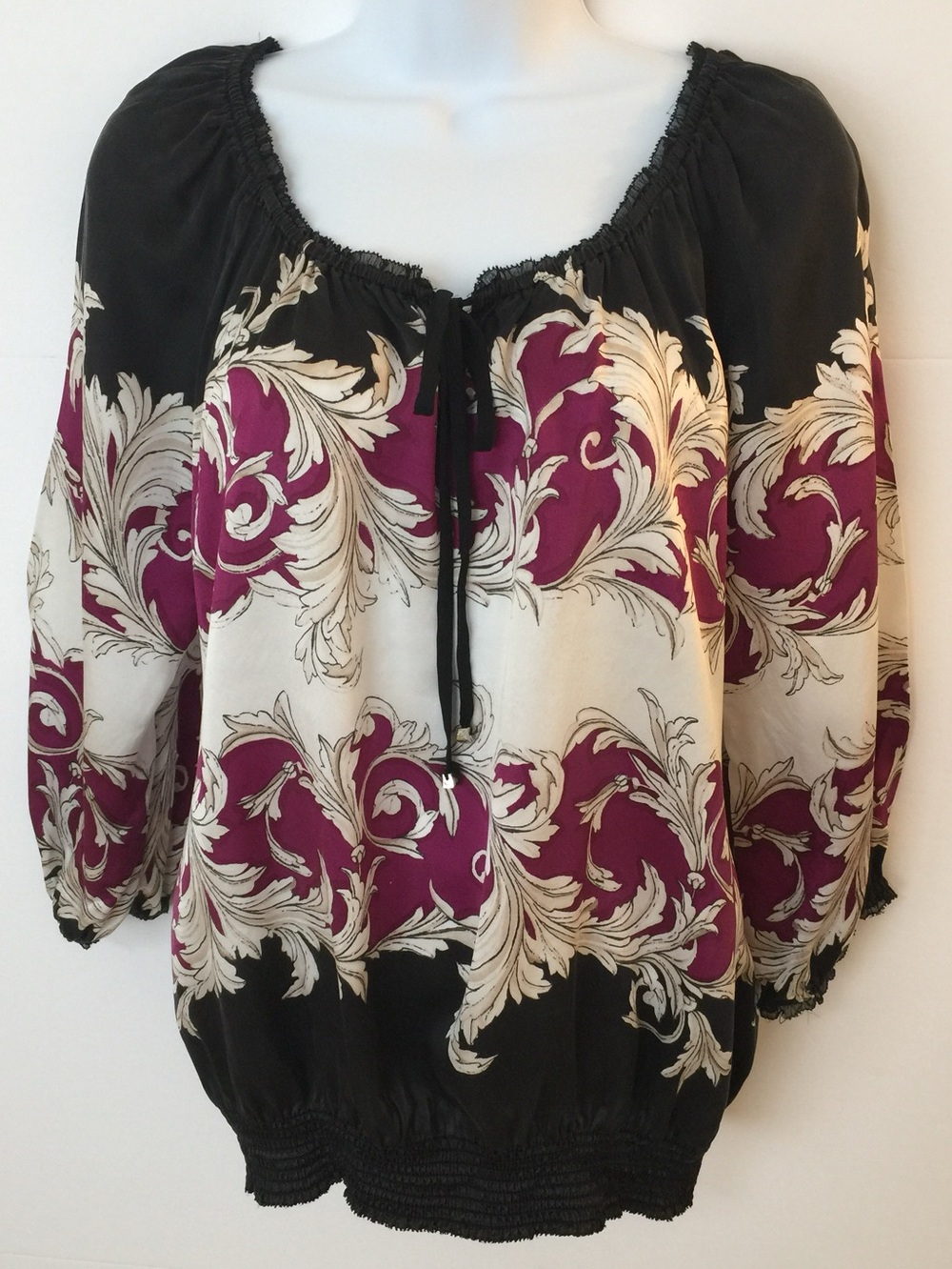 White House Black Market Black and Fuchsia Scarf-Print Blouse